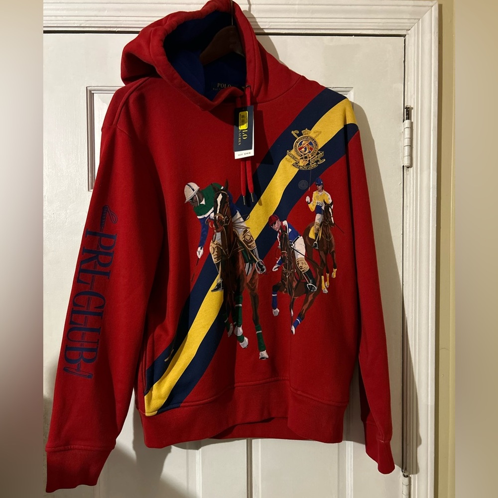 Polo Ralph Lauren Red 3 Horsemen PRL Retro Vintage Hoodie Size L